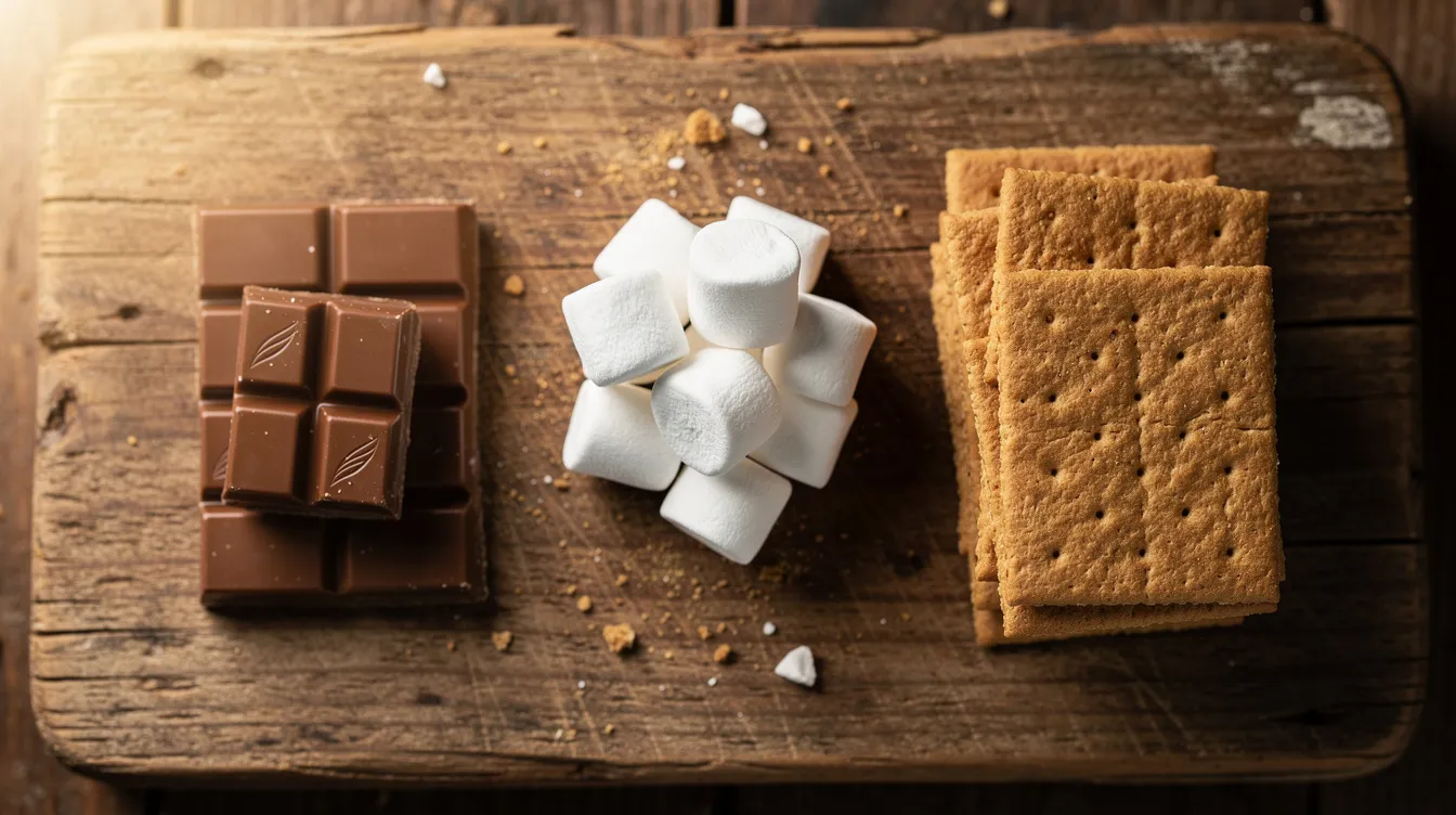A rustic wooden board displays an inviting arrangement of s'mores ingredients, including fluffy marshmallows, rich chocolate bars, and crunchy graham crackers, perfect for a backyard bonfire party. This cozy setup is ideal for sharing stories and enjoying delicious treats around the warm fire with good friends and family.