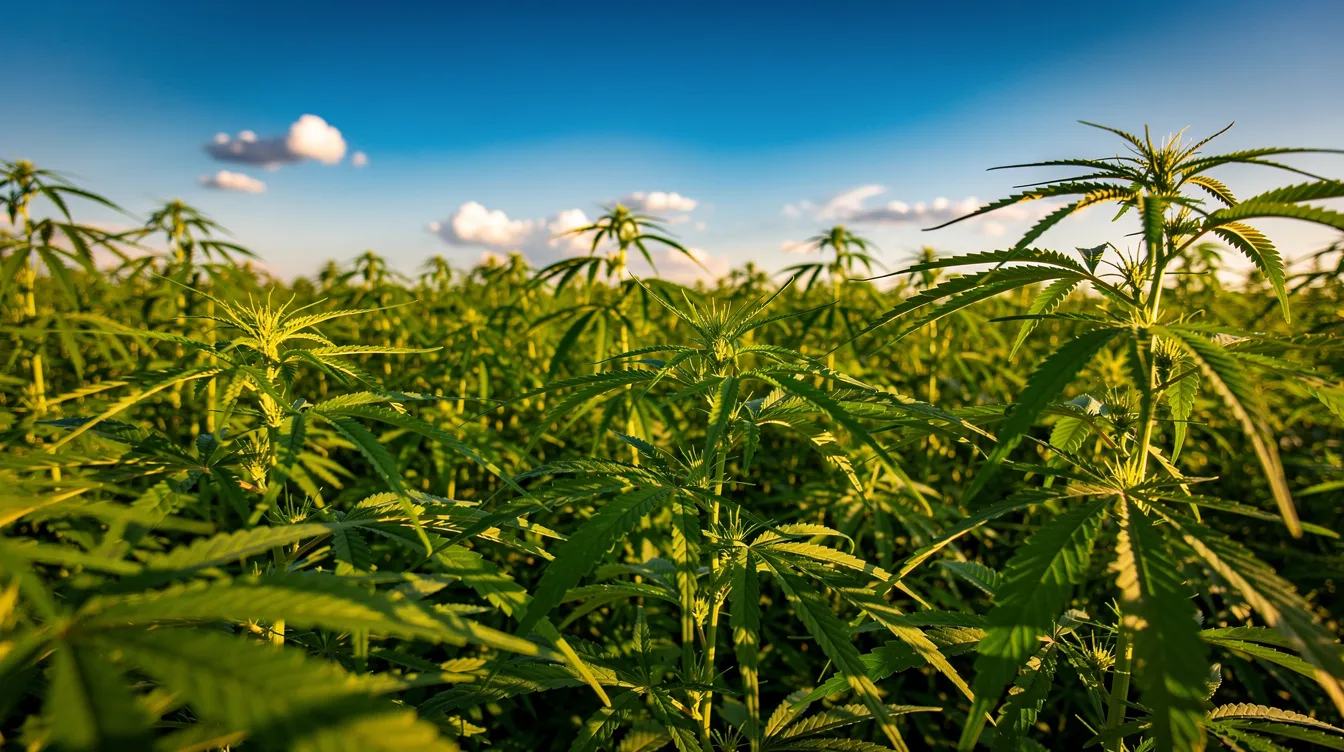 The image depicts lush green hemp plants thriving in a sunlit field, set against a backdrop of a clear blue sky. These cannabis sativa plants highlight the natural beauty of hemp, which is often studied for its various cannabinoids, including delta 8 THC, and its potential health benefits.