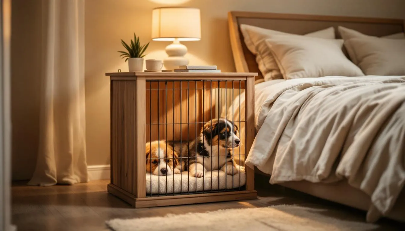 In a cozy bedroom, a puppy crate is positioned near a bed, illuminated by soft lighting, creating a warm and inviting atmosphere. This setup is ideal for crate training young puppies, helping them feel secure as they adjust to their new environment and establish a bedtime routine for sleeping through the night.