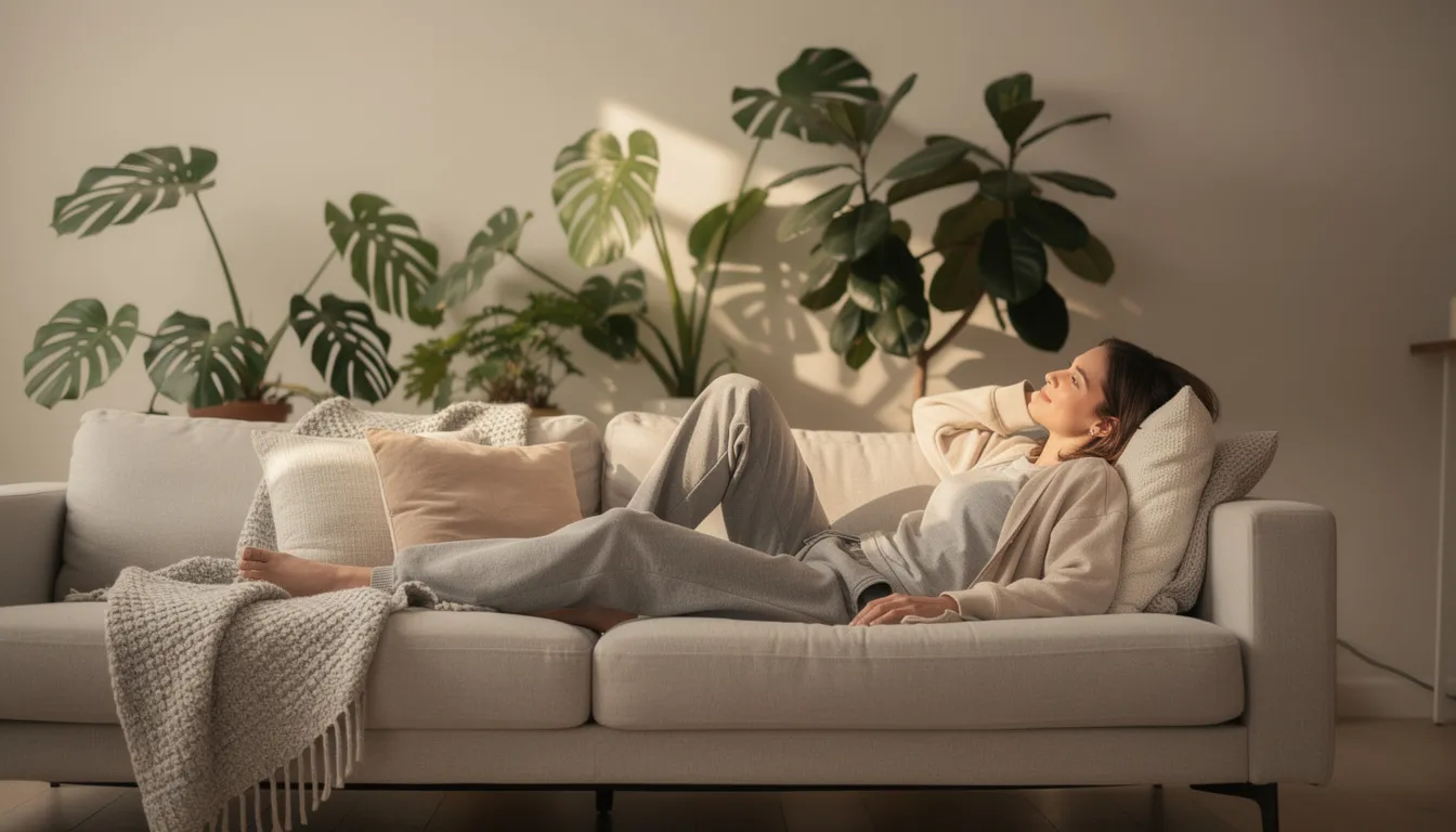 Eine Person sitzt entspannt auf einem Sofa, umgeben von grünen Pflanzen im Hintergrund, was eine harmonische und natürliche Atmosphäre schafft. Diese Szene vermittelt ein Gefühl von Wohlbefinden, das durch die Verwendung von Bio-Hanf- und CBD-Produkten unterstützt werden kann.