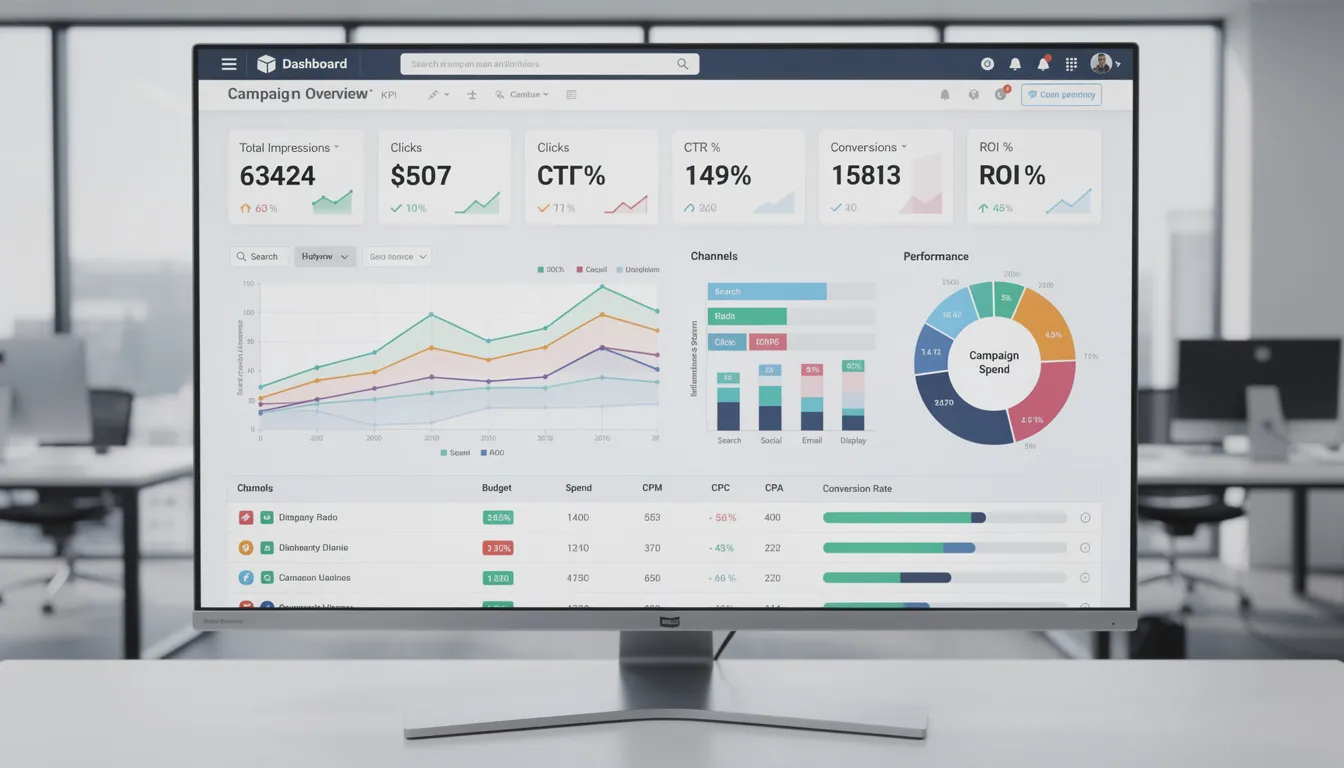 The image features a business analytics dashboard showcasing various campaign performance metrics, illustrating data-driven insights from social media platforms and influencer marketing strategies. It highlights key performance indicators that help local businesses enhance their brand visibility and engage with their target audience effectively.