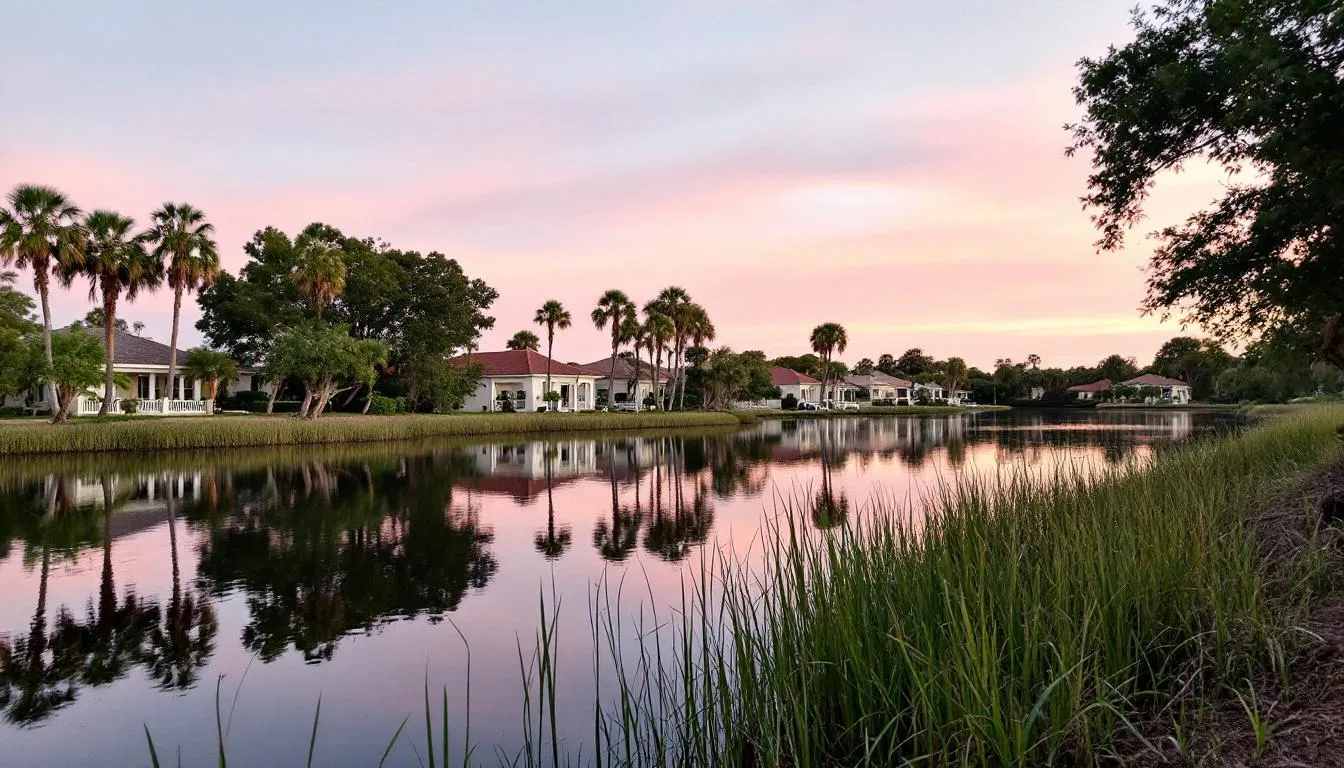 The image depicts a serene lake view surrounded by native Florida vegetation, with waterfront homes in the background, showcasing the natural beauty of the Bella Terra community in Estero, FL. The tranquil setting highlights the area's resort-style amenities and lush landscapes, perfect for residents seeking a peaceful lifestyle.