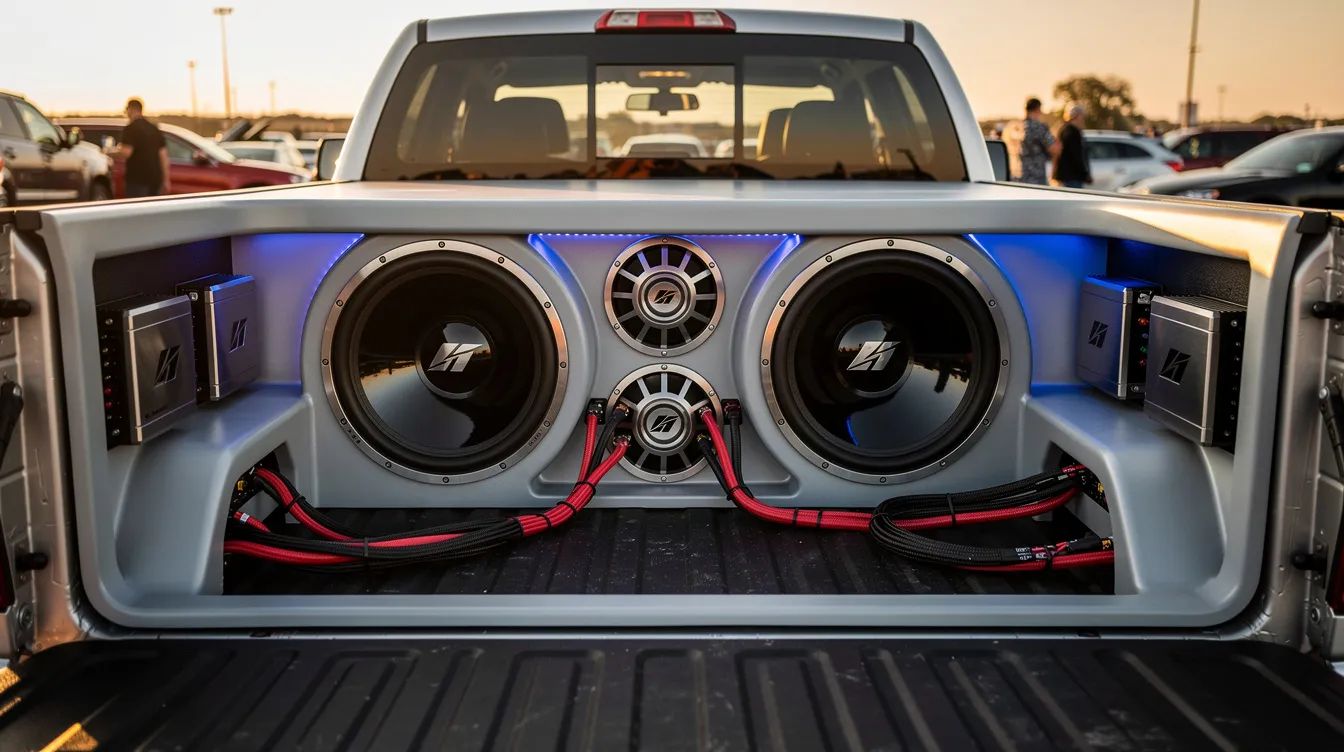 The image showcases a truck bed outfitted with a custom wall enclosure housing multiple large subwoofers, designed for a high-performance car audio experience. The setup features prominent speakers and amplifiers, highlighting the dedication to sound quality and competition-level equipment.