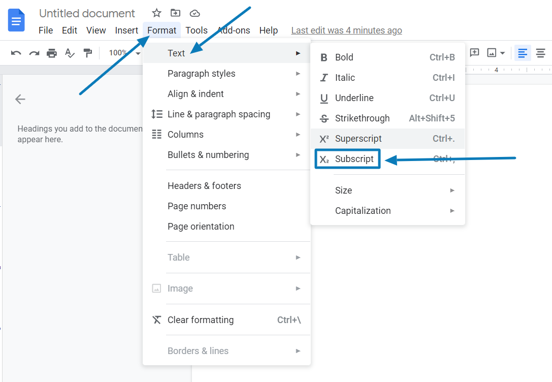 Open format and select subscript