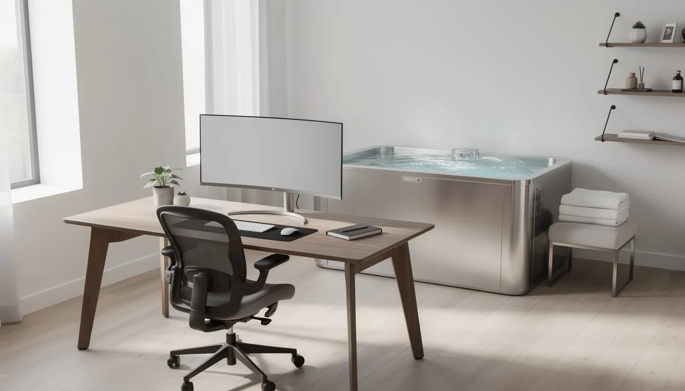 The image features a modern home office setup with a sleek desk and a comfortable chair, while a cold plunge tub filled with ice-cold water is visible in the background, emphasizing the growing trend of cold therapy for muscle recovery and enhanced mental clarity. This wellness space reflects the lifestyle of those seeking peak physical performance and the life-changing benefits of cold exposure in their daily routines.