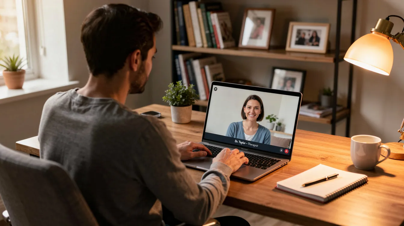 A person is seated at a desk in a home office, engaged in a video therapy call on their laptop, likely discussing family dynamics and relationships. This session may involve family members individually or the entire family, focusing on improving communication and resolving conflicts to strengthen their family unit.