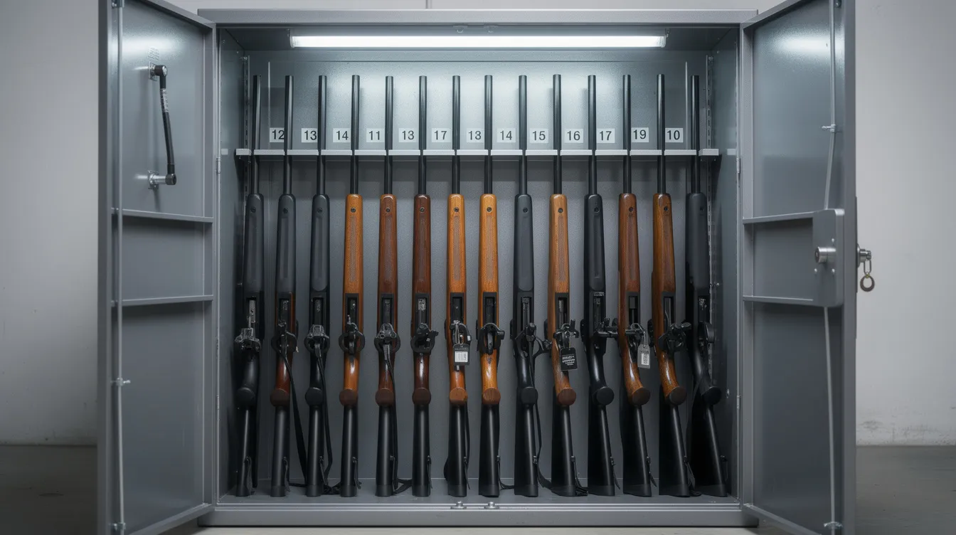 The image depicts a secure storage cabinet filled with a row of locked long guns, including semi-automatic rifles and shotguns, emphasizing the importance of firearm safety in accordance with Rhode Island gun laws. This secure storage reflects compliance with federal law and state regulations aimed at preventing gun violence and ensuring responsible ownership.
