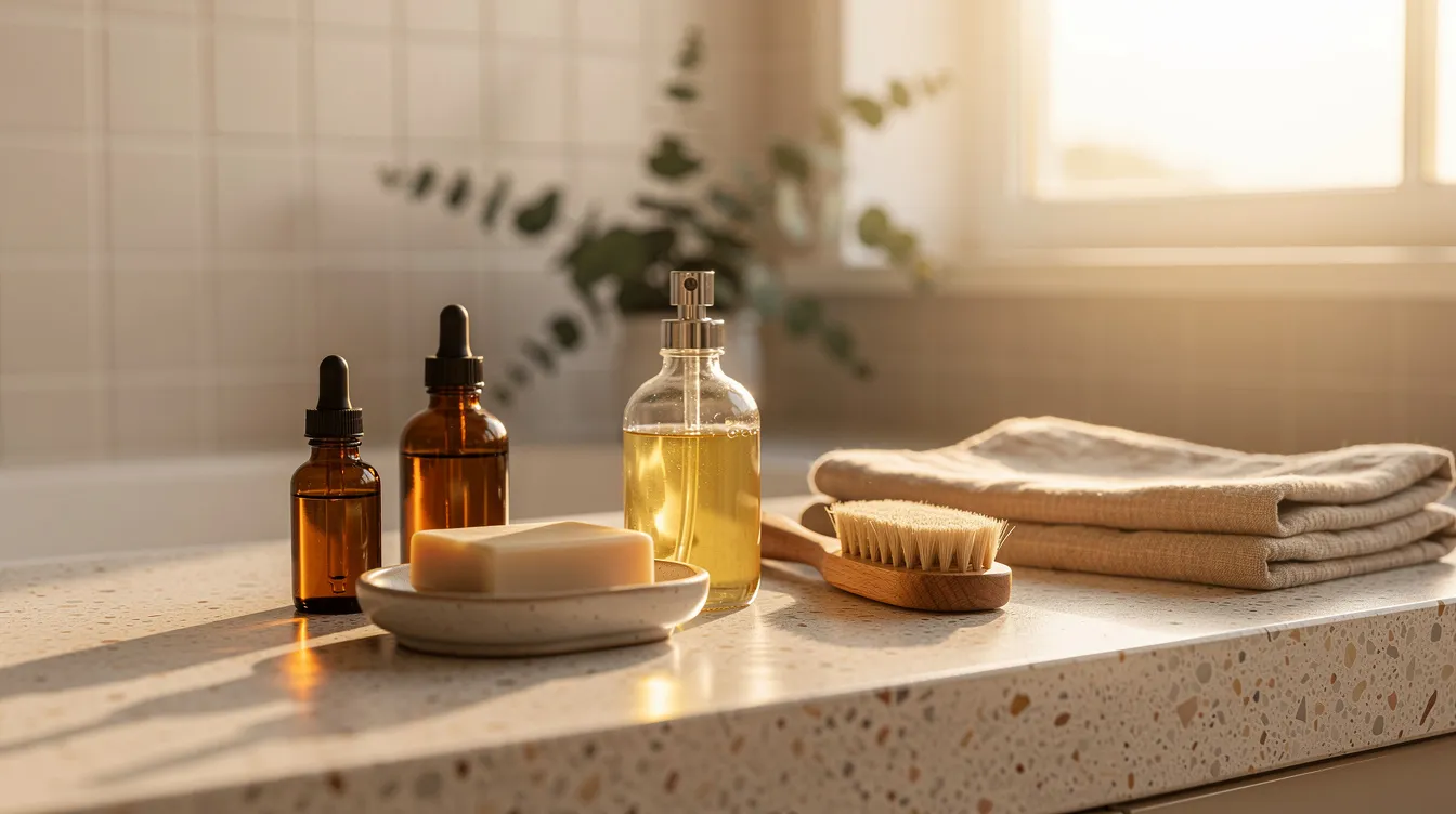 The image features a serene bathroom countertop bathed in warm morning light, showcasing natural wellness products including a glass bottle of castor oil, which is often used in the oil pulling method for oral health. The peaceful setting suggests a focus on self-care and the benefits of using natural oils for skincare and overall health.