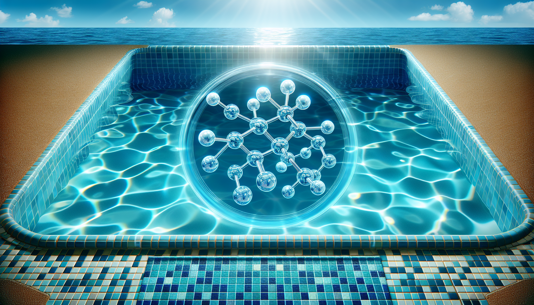 Illustration of a pool with optimal cyanuric acid levels, showing a balanced pool chemistry