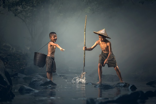 children, fishing, teamwork