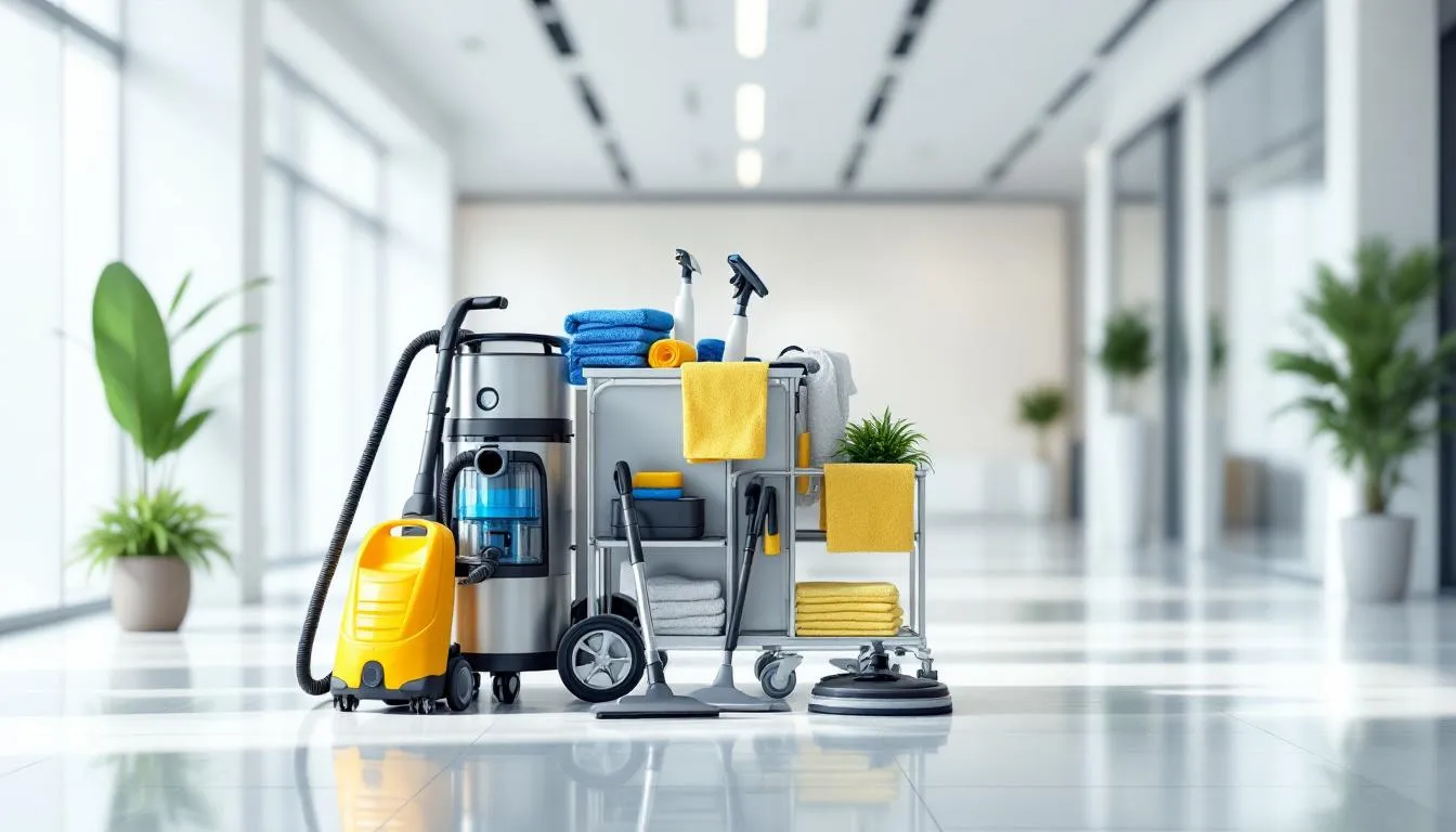 An overview of deep cleaning services in Dubai showcasing various cleaning tools and a spotless environment.