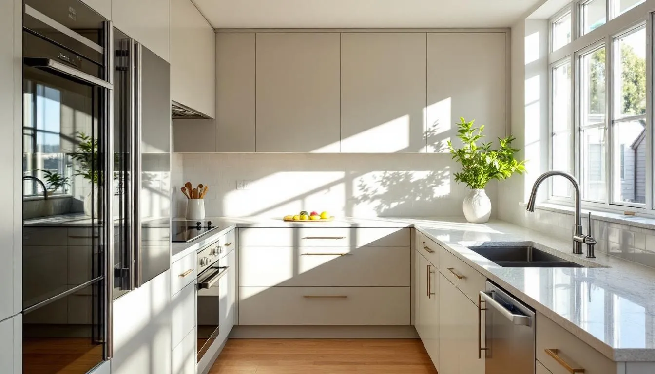 In this beautiful kitchen, alabaster painted cabinets reflect natural light, creating a warm and inviting atmosphere. The combination of granite countertops and the soft hues of the walls enhances the classic look, emphasizing the elegance of the Sherwin Williams Alabaster paint color.