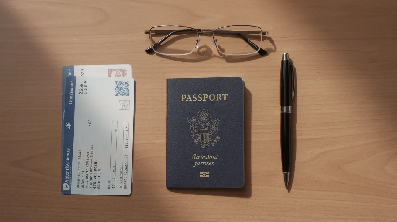 The image shows an organized desk featuring a passport, various documents related to the visa application process, reading glasses, and a pen, all neatly arranged for easy access. This setup could be useful for international students preparing their Irish student visa applications, ensuring they have all necessary paperwork ready.
