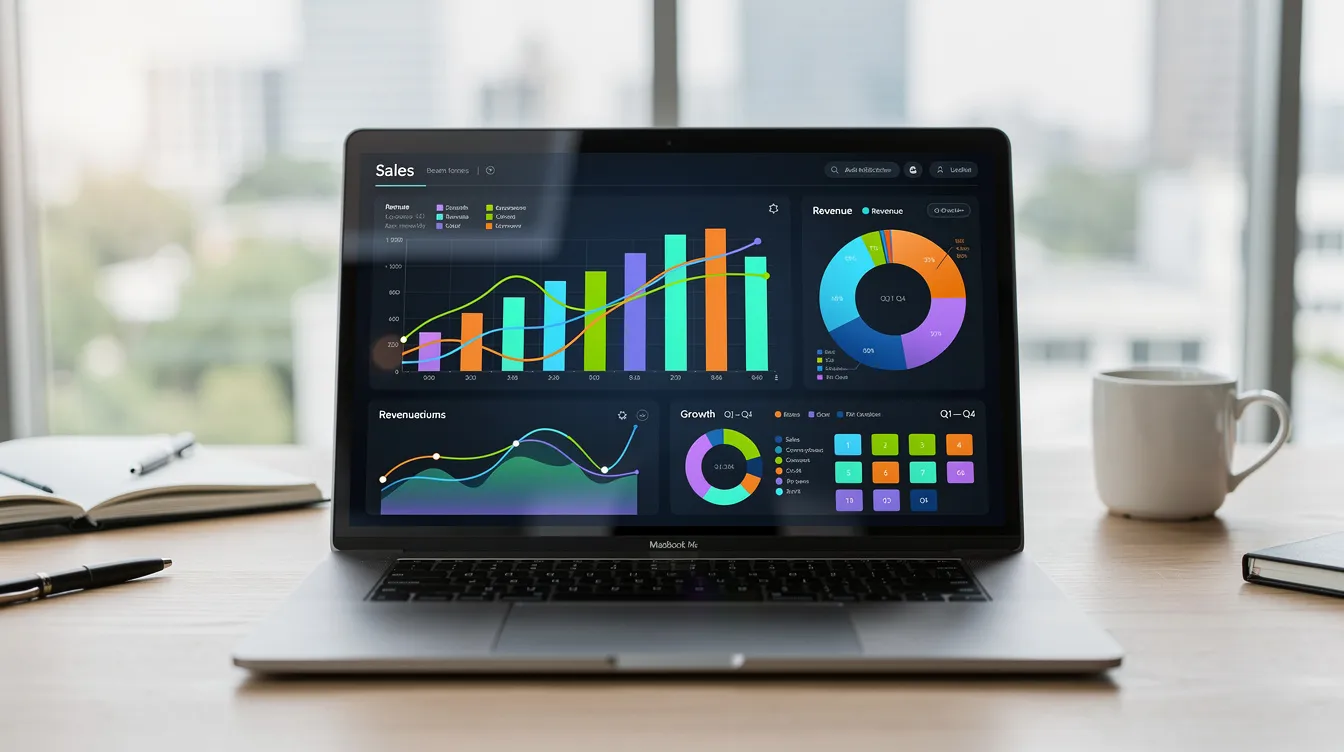 The image depicts a laptop screen in an office environment, showcasing vibrant data visualizations and charts that illustrate key metrics for search engine optimization (SEO) strategies. Natural light streams in, enhancing the workspace where insights into search traffic and online visibility are being analyzed.