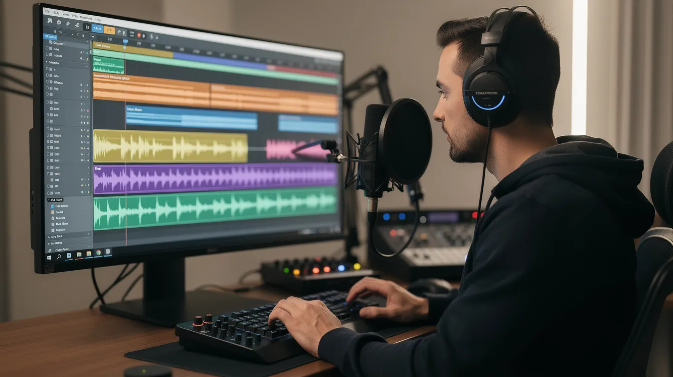 A podcast editor, wearing headphones, is focused on a digital audio workstation displaying multiple tracks of audio files. The screen showcases the podcast editing process, emphasizing quality control and the intricate workflow involved in producing a cohesive story for listeners. A podcast editor, wearing headphones, is focused on a digital audio workstation displaying multiple tracks of audio files. The screen showcases the podcast editing process, emphasizing quality control and the intricate workflow involved in producing a cohesive story for listeners.