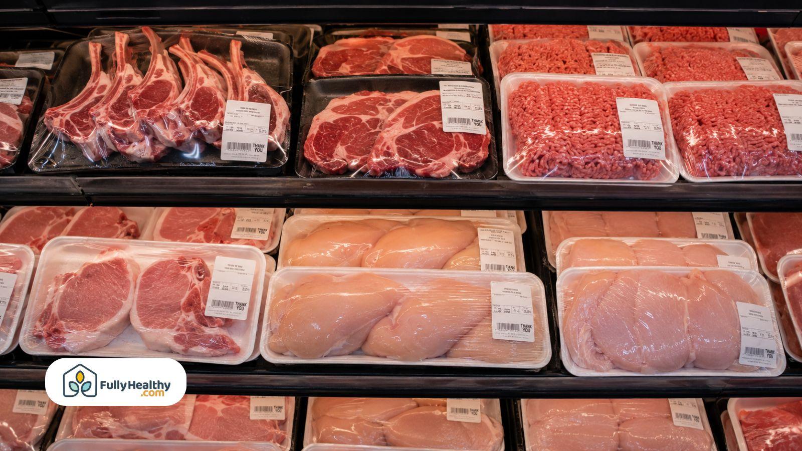 Packaged raw meats displayed in refrigerated grocery store meat section.