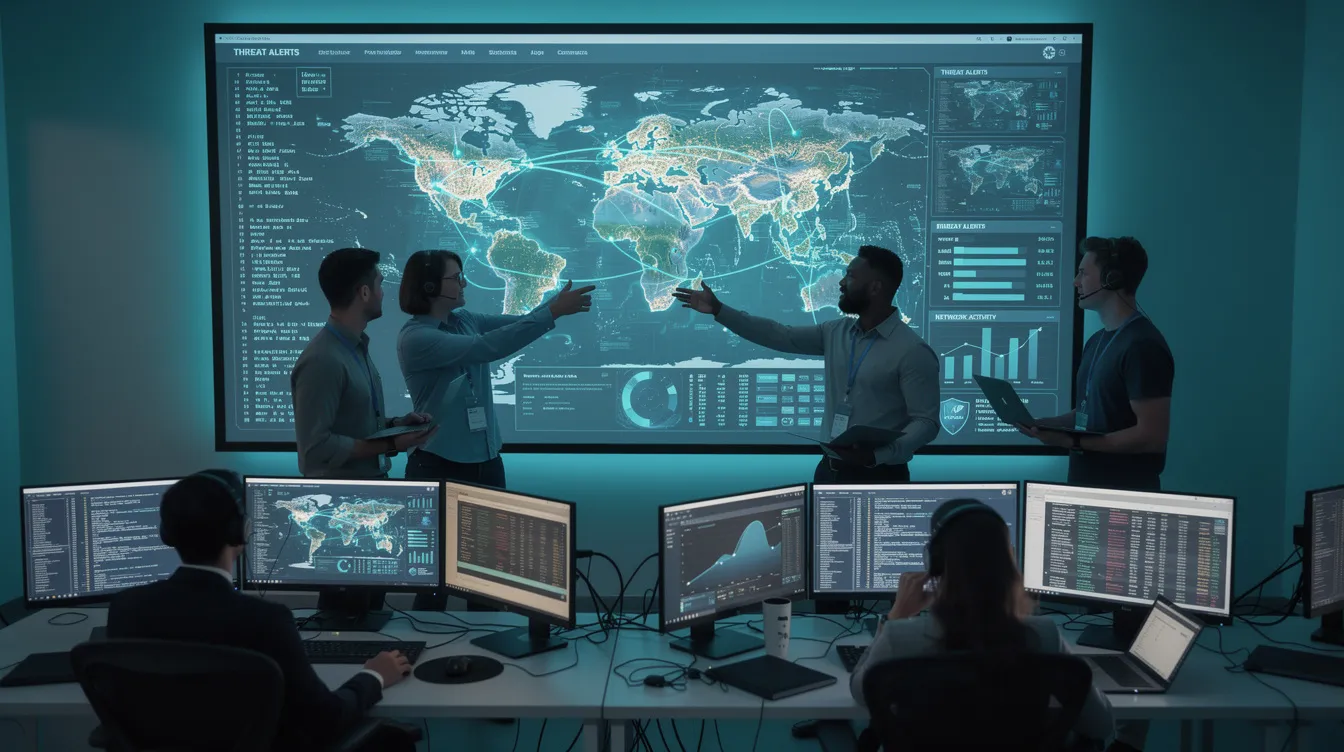 A diverse team of cybersecurity professionals collaborates around a large display, which showcases threat analysis data, highlighting their efforts in modern security operations. They leverage AI tools and human expertise to enhance threat detection and response, addressing the complexities of the current threat landscape.