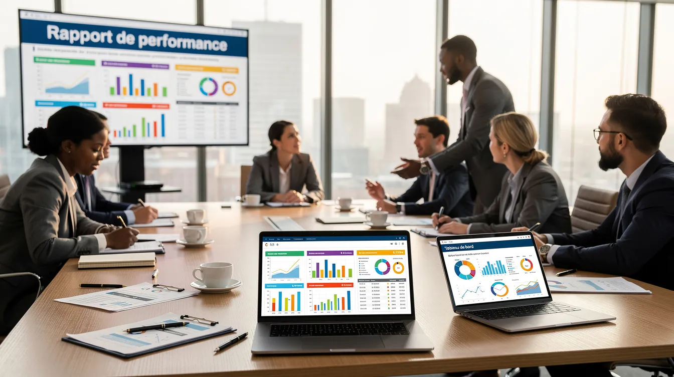 Team gathered around a table in front of screens showing charts.