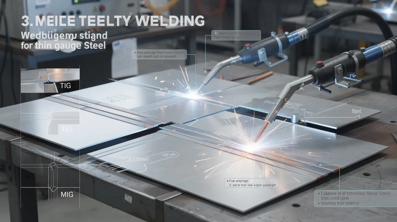The image depicts a welder using MIG and TIG welding techniques to join thin sheet metal in a workshop setting, showcasing the precision required in the welding process. Essential tools like a welding helmet and a welding gun are visible, emphasizing the importance of proper technique and control over heat input to prevent burn through in thin materials.
