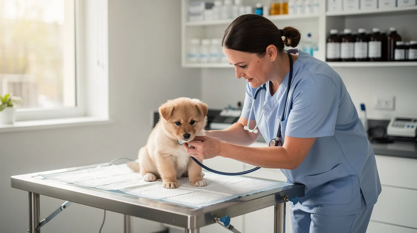 The image shows a veterinarian examining a young puppy in a clinic, highlighting the importance of regular veterinary check-ups to prevent common diseases such as canine parvovirus and kennel cough. The veterinarian is assessing the puppy's health, ensuring it receives prompt veterinary care to maintain a healthy lifestyle and prevent serious diseases.