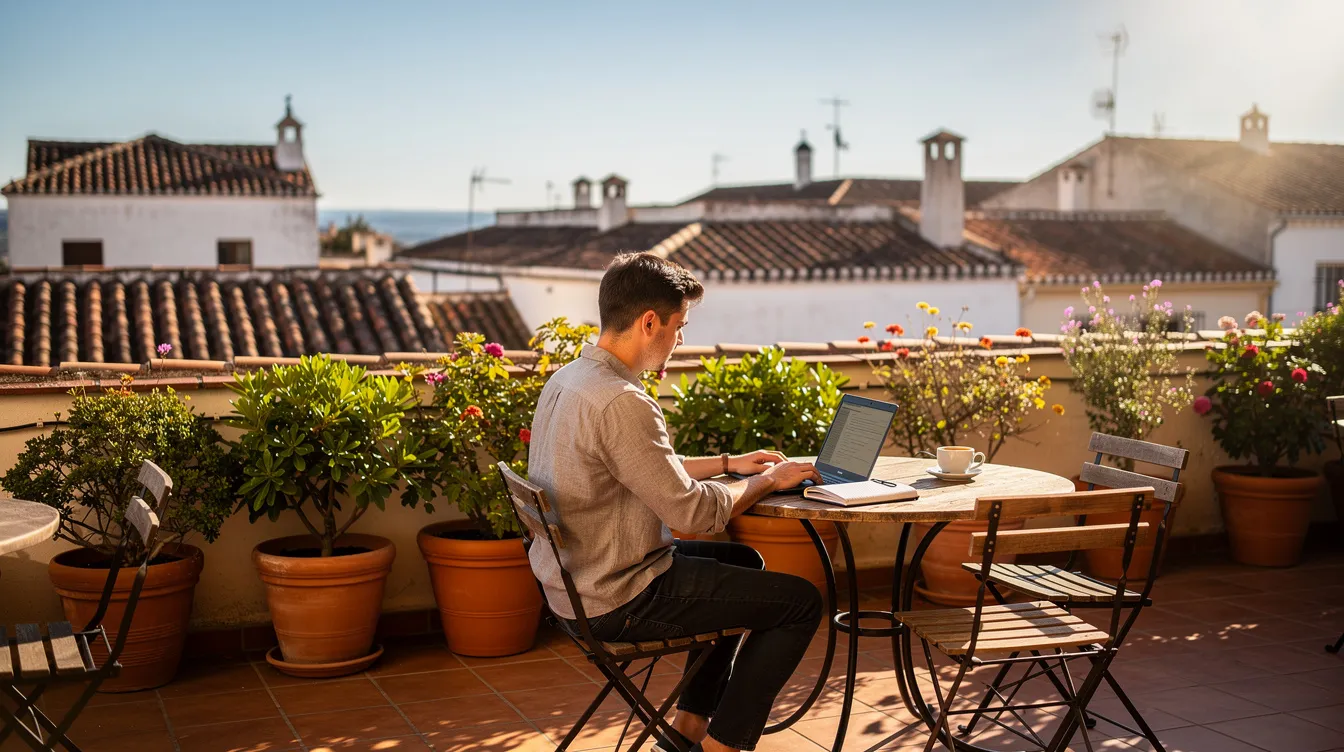 A digital nomad is working on a laptop at a sunlit terrace café, surrounded by terracotta pots and enjoying a picturesque view of Spanish rooftops in the background, symbolizing the allure of moving to Spain for work and leisure. The scene captures the essence of a vibrant lifestyle that many British citizens and expats seek while navigating the Spanish bureaucracy and residency permits.
