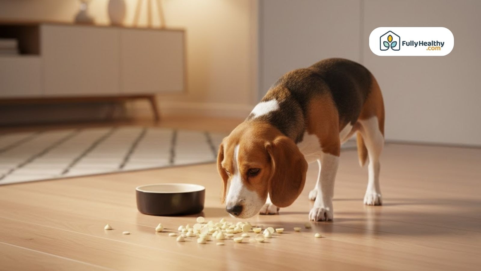 Beagle sniffing white chocolate chips spilled on the floor near bow