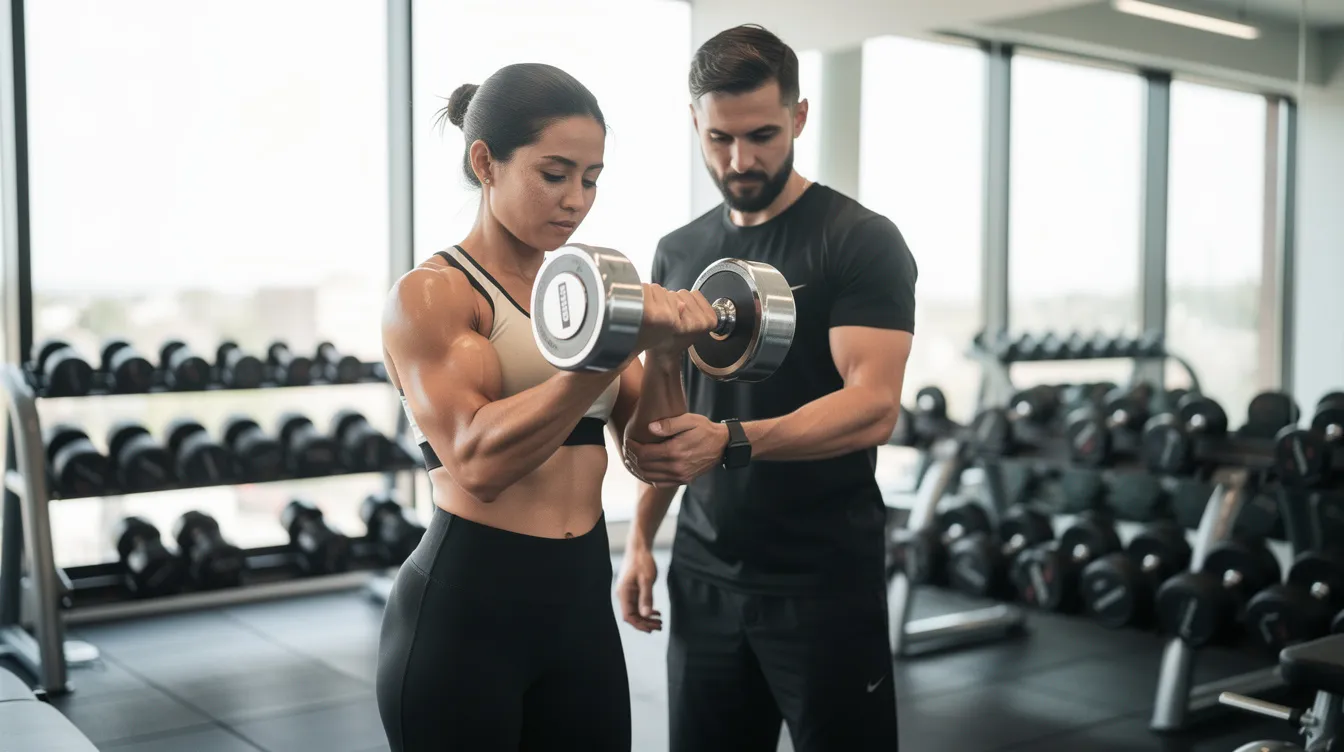 Eine Person trainiert mit einem personal trainer im Fitnessstudio, während sie mit Hanteln arbeitet. Der Trainer gibt Anweisungen und motiviert die Person, um ihre Ziele beim Abnehmen und die Gewichtsreduktion zu erreichen.