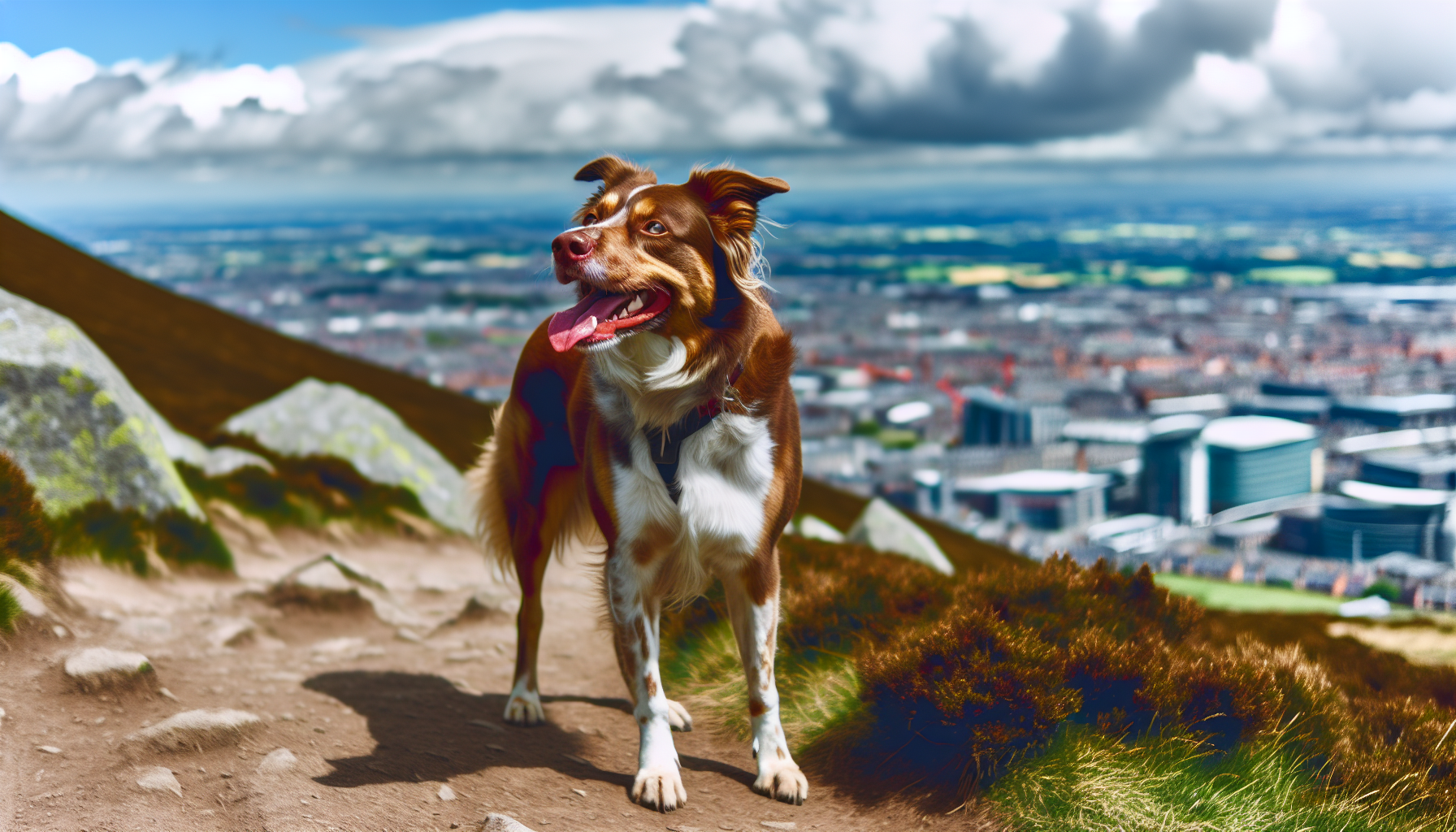 Dog hiking in the Dublin Mountains with city view