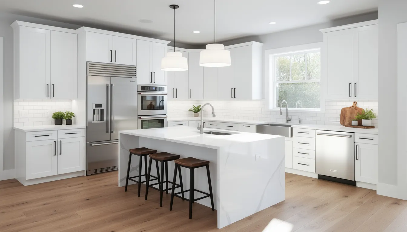 The image depicts a bright, modern kitchen featuring sleek white cabinets and stainless steel appliances, creating an attractive space for potential buyers in today's competitive housing market. This renovated area highlights the importance of appealing home features that can influence buyer demand and help sellers maximize their property's value.