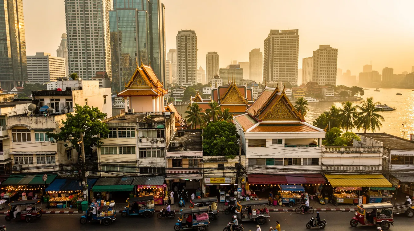 A imagem retrata a vibrante cidade de Bangkok, na Tailândia, destacando seus famosos templos budistas, como o Wat Phra Kaew e o Templo do Amanhecer, além de arranha-céus e o movimentado mercado flutuante no rio Chao Phraya, onde turistas e locais se misturam em meio à deliciosa comida de rua.