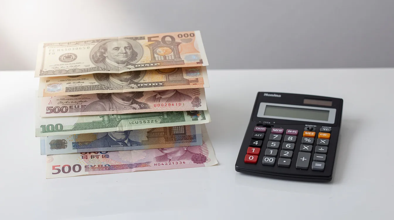 A stack of various international currency notes, including US dollars and euros, is placed next to a calculator, symbolizing the process of managing foreign currency for international money transfers. This image reflects the importance of understanding exchange rates and global money transfers, essential for using services like the HSBC global money account or sending money abroad.