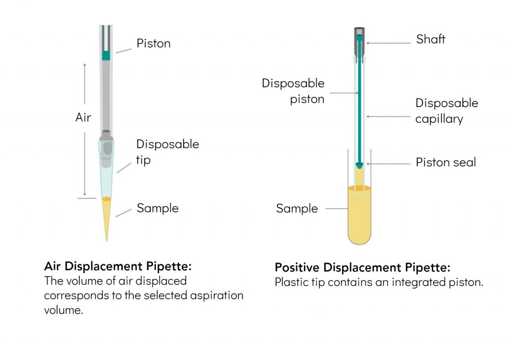 Illustration of air displacement and positive displacement pipettes