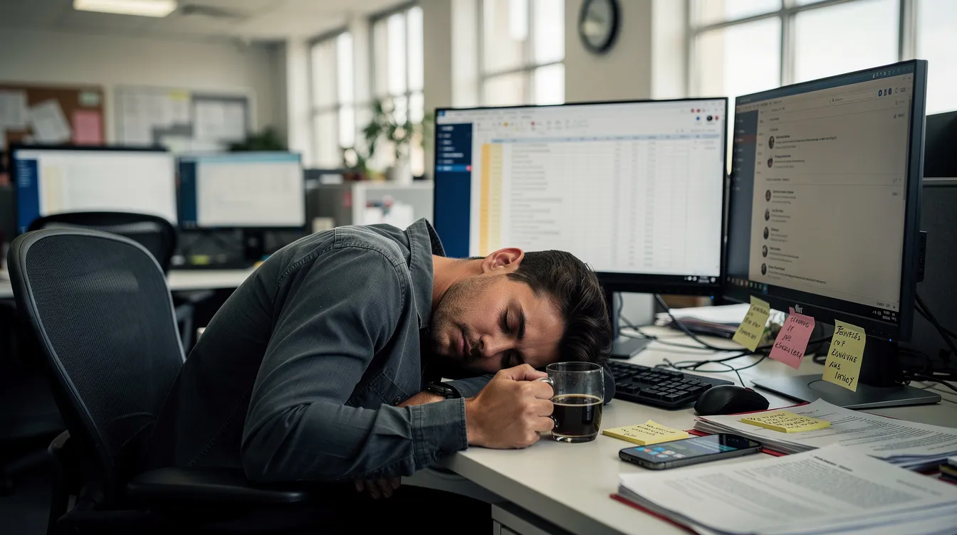 A person rests their head on a cluttered office desk, appearing extremely drowsy during the workday, possibly experiencing excessive daytime sleepiness or symptoms related to sleep disorders like narcolepsy. The scene highlights the challenges of maintaining wakefulness and attention in a demanding work environment.
