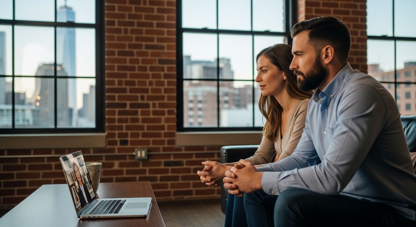 High-earning Brooklyn couple attending online couples therapy together on a laptop in a stylish loft apartment, sitting close but serious as they talk to a therapist on screen.