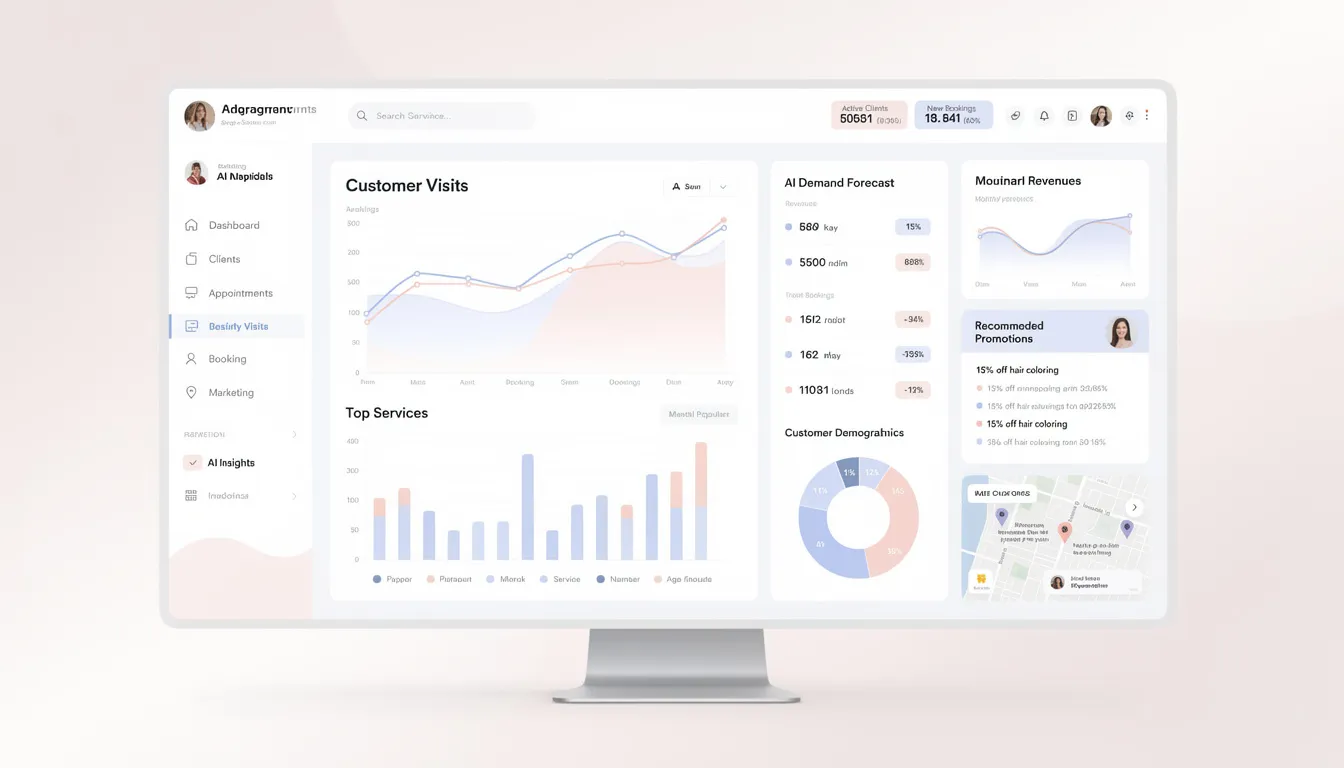 El panel de control muestra análisis de clientes y predicciones de inteligencia artificial para la gestión de salones de belleza. Incluye gráficos y datos que ayudan a los propietarios a optimizar servicios y mejorar la experiencia del cliente a través de herramientas de automatización y marketing.