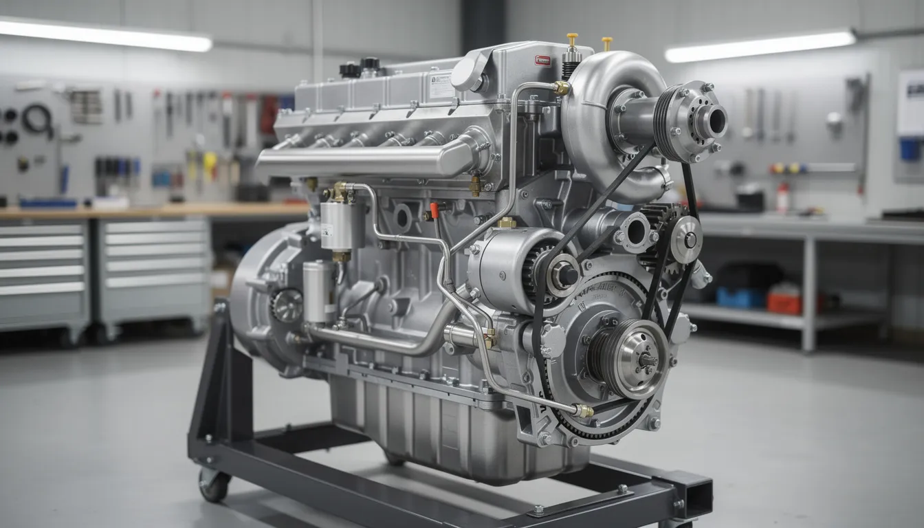 The image features an industrial diesel engine prominently displayed in a workshop setting, showcasing its turbocharger and various components of the common-rail fuel system. This scene highlights the intricate engineering principles and technical data related to diesel engine operation and maintenance.