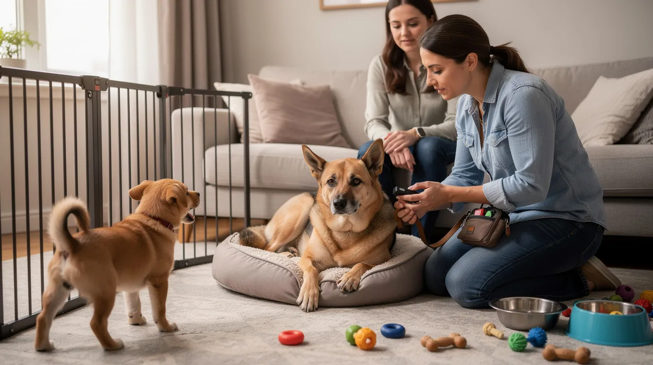 The image depicts a calm adult dog and a curious new puppy meeting for the first time in a neutral area, showcasing the proper introduction techniques recommended by professional dog trainers. Both dogs exhibit relaxed body language, indicating a positive interaction as they begin to explore each other's scent in a multi-dog household setting.
