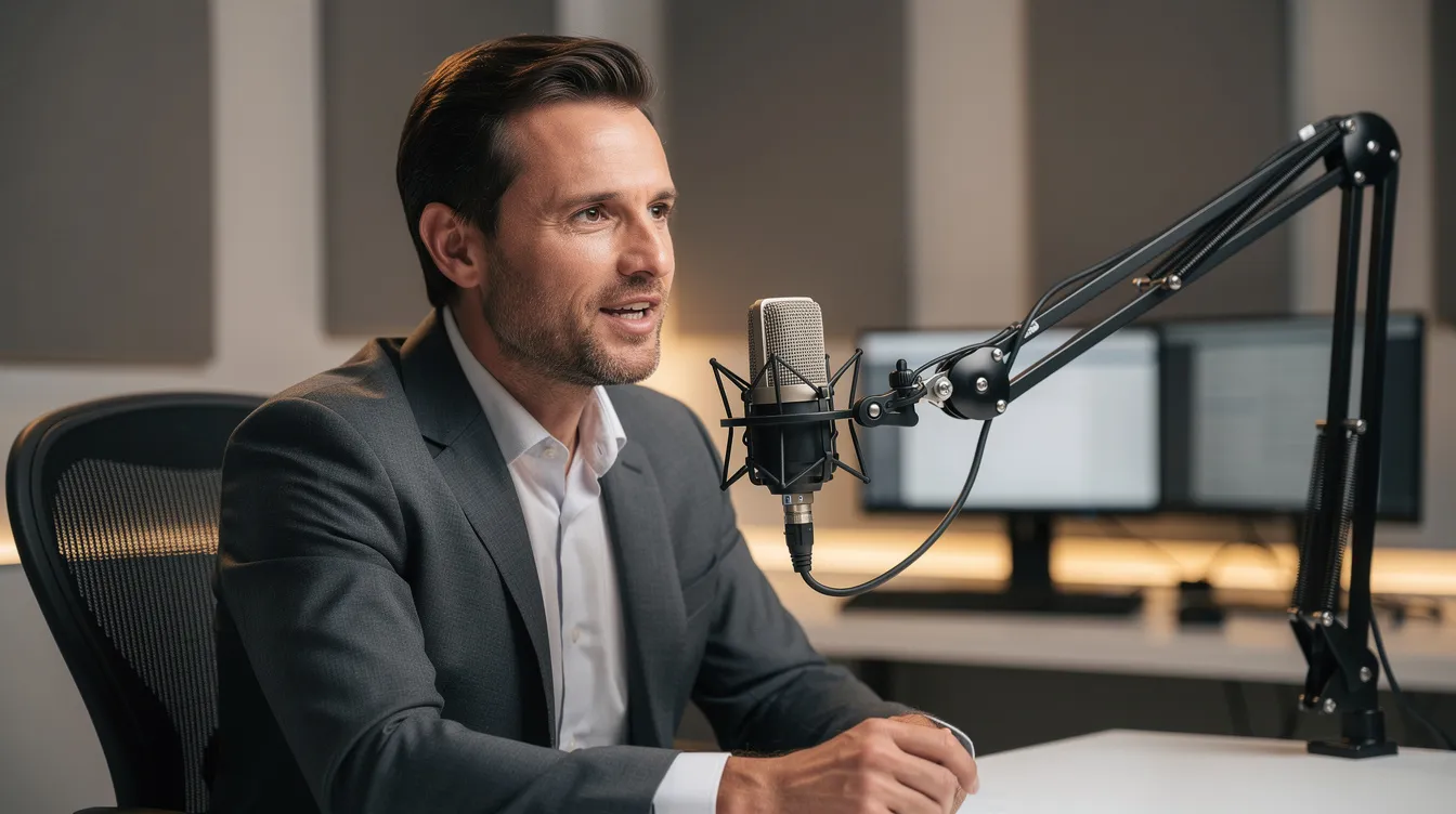 An executive is speaking into a professional microphone in a well-lit recording studio, showcasing a podcast production environment. This scene highlights the importance of high production quality and sound design in creating successful podcast episodes for a target audience.