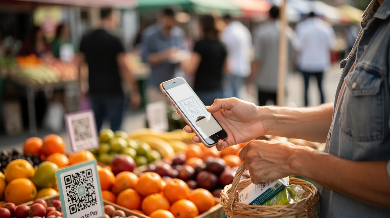 A person is scanning a QR code at a market stall using a smartphone, demonstrating the convenience of mobile payments through digital wallets like Apple Pay or Google Pay. This scene highlights the ease of contactless transactions, allowing for secure and quick payments without the need for cash or physical cards.