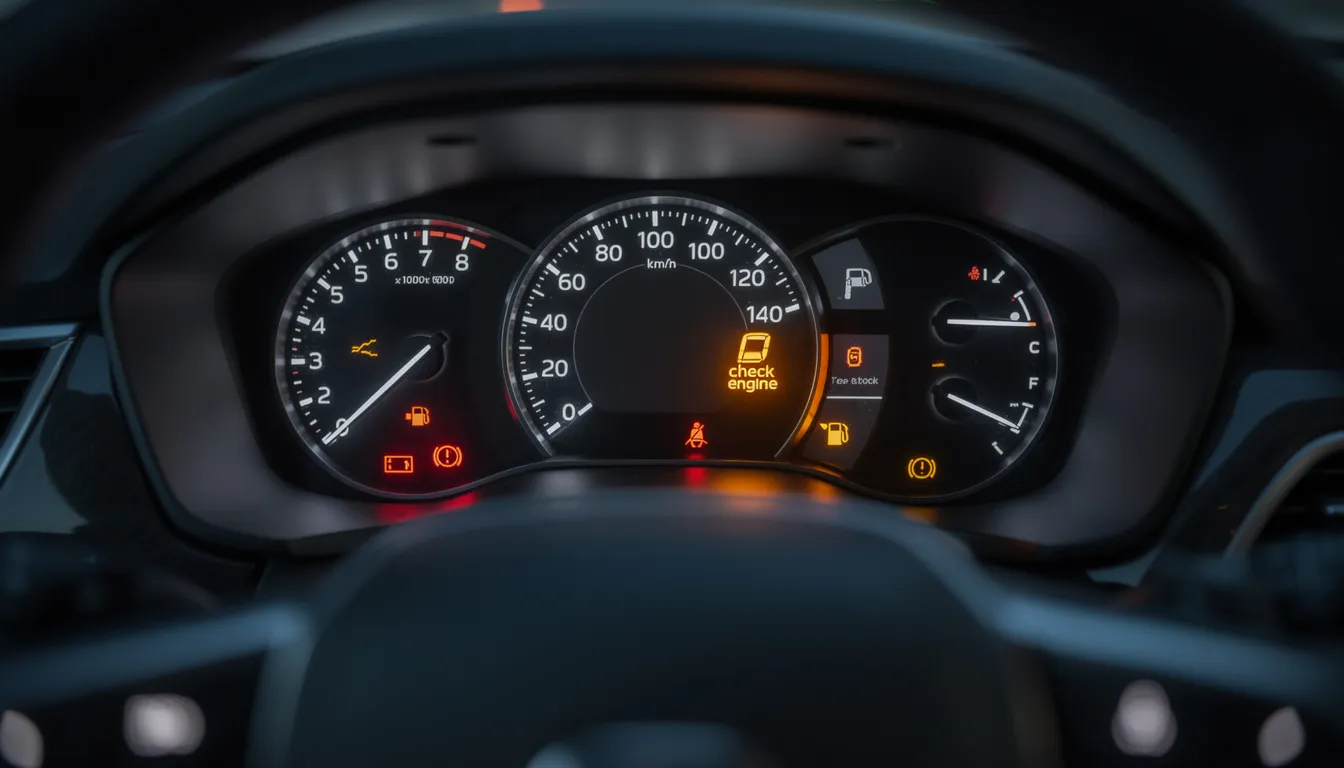 The image depicts a modern car dashboard with the check engine light illuminated, along with various dashboard warning lights indicating potential issues related to the vehicle's exhaust system and fuel tank. This setup often alerts drivers to diagnostic trouble codes that may require attention from a mechanic for proper vehicle function.