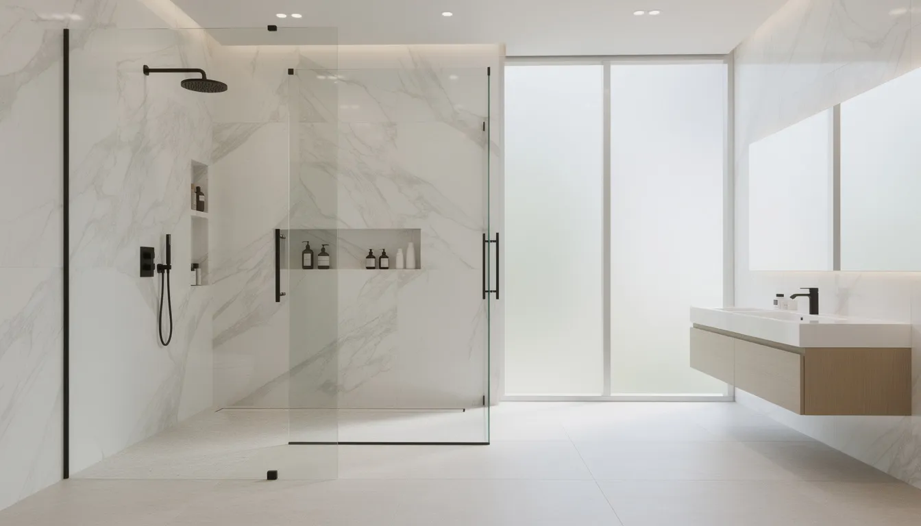 Een moderne inloopdouche met elegante marmerlook wandpanelen in een lichte en ruime badkamer, die een stijlvolle uitstraling geeft. De douchewand is volledig waterdicht en onderhoudsvriendelijk, waardoor het een ideale oplossing is voor vochtige ruimtes.