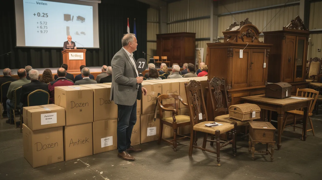 Een man staat bij een veiling, omringd door dozen en antieke meubels. De sfeer is levendig terwijl hij zich voorbereidt om te bieden op unieke items, mogelijk geïnspireerd door het populaire programma "Storage Wars".