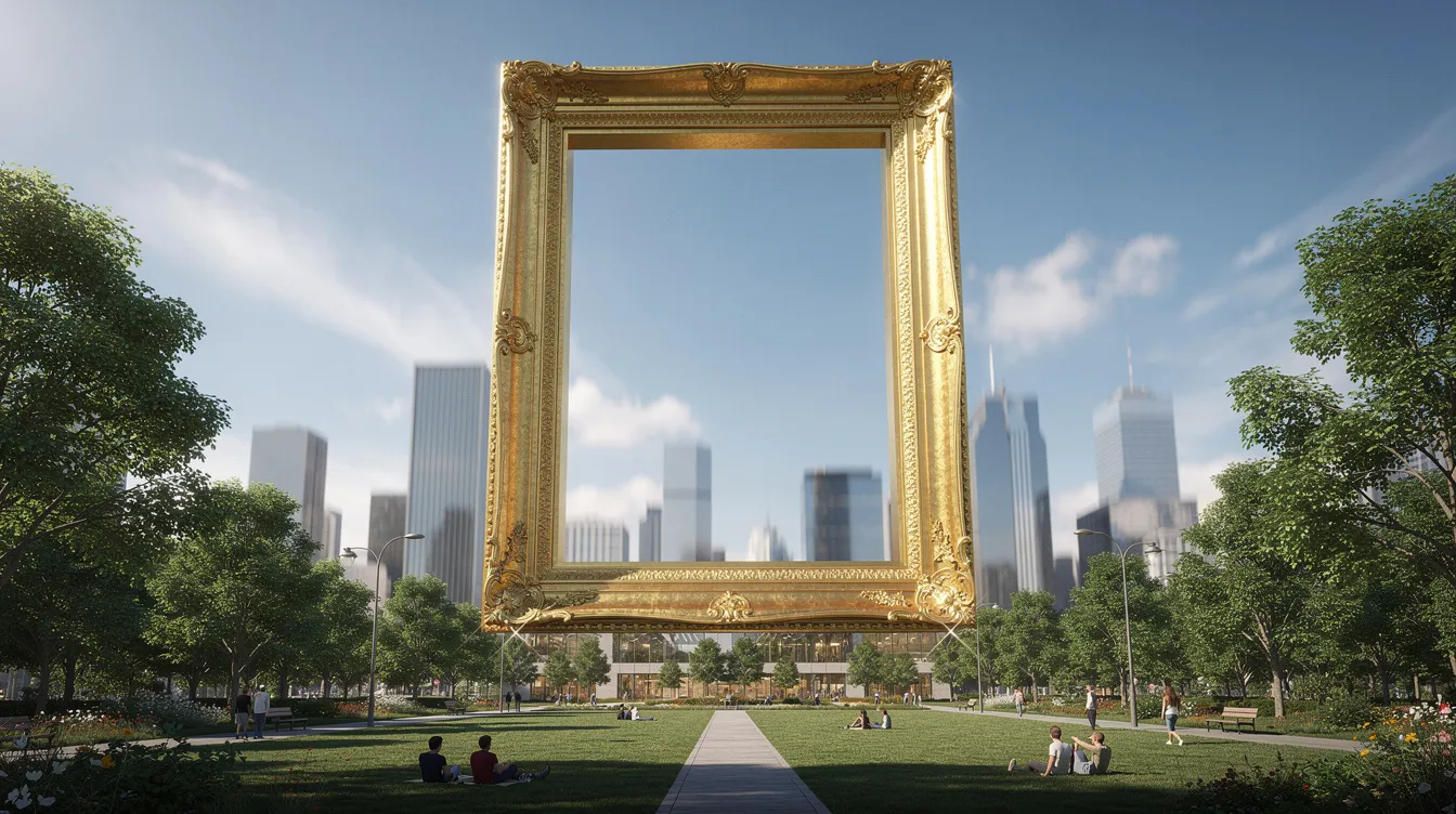 The image depicts the iconic Dubai Frame, a large golden skyscraper shaped like a picture frame, standing prominently in a lush green park with the Dubai skyline in the background. This architectural marvel offers visitors stunning panoramic views of both old and new Dubai, making it a must-visit landmark in the United Arab Emirates.