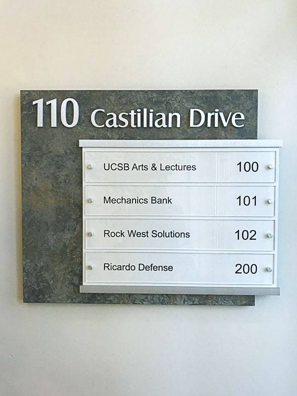 110 Castilian Drive in Goleta CA office suite wayfinding signs are easily updated when new tenants lease.