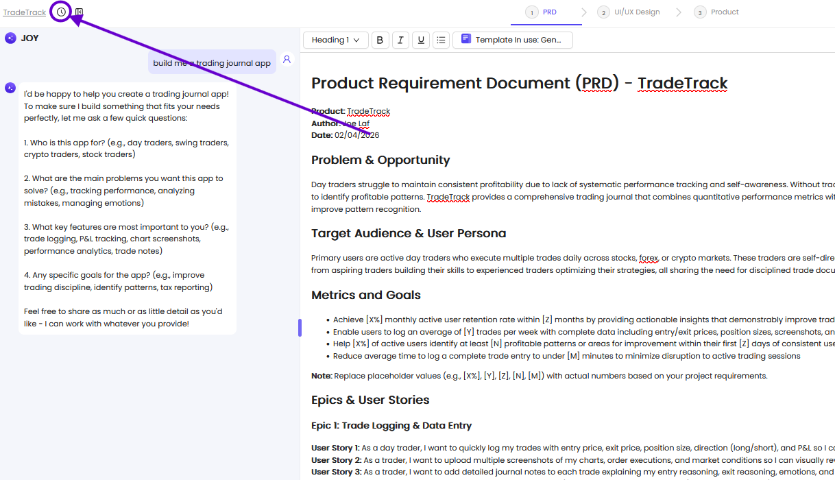 The image depicts Omniflow's sleek and modern user interface and shows where users can access PRD version history to track changes and revise updates.