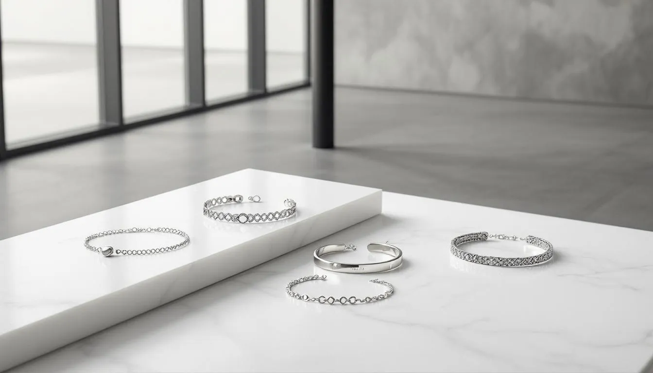 Popular collections of silver bracelets showcased in a display.