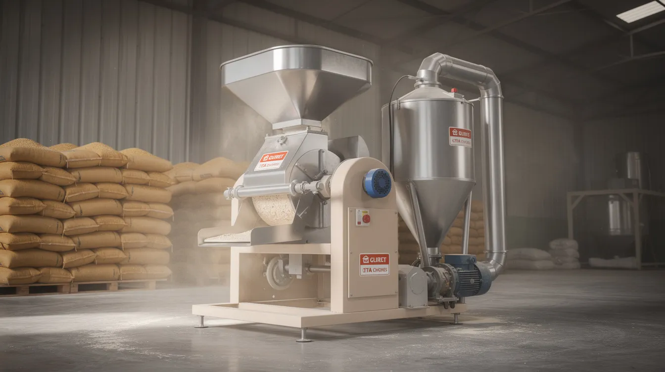 b8abf219 e211 4512 8914 fd6ea9ffa91e The image features a commercial stone atta chakki machine equipped with a hopper and cyclone, prominently displayed in an Indian flour mill. This advanced machinery is designed for efficient grinding of wheat and other grains, ensuring consistent flour quality and high production capacity of up to 100 kg per hour, making it an essential component in food processing industries.