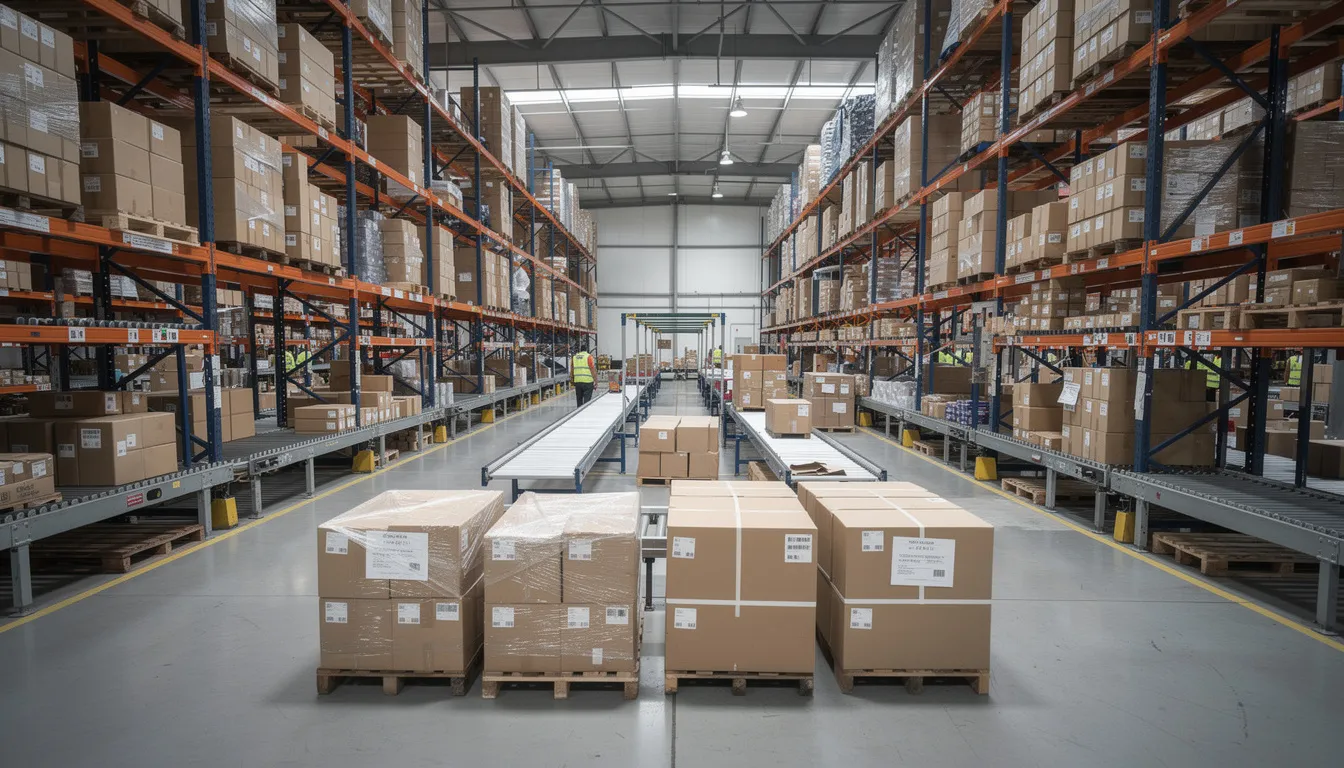 Imagen de un almacén organizado con cajas de envío de e-commerce y paquetes listos para distribución, reflejando la estructura eficiente que las empresas utilizan para gestionar sus productos. Este entorno es clave para emprendedores que buscan optimizar sus operaciones en el mercado de EE. UU.