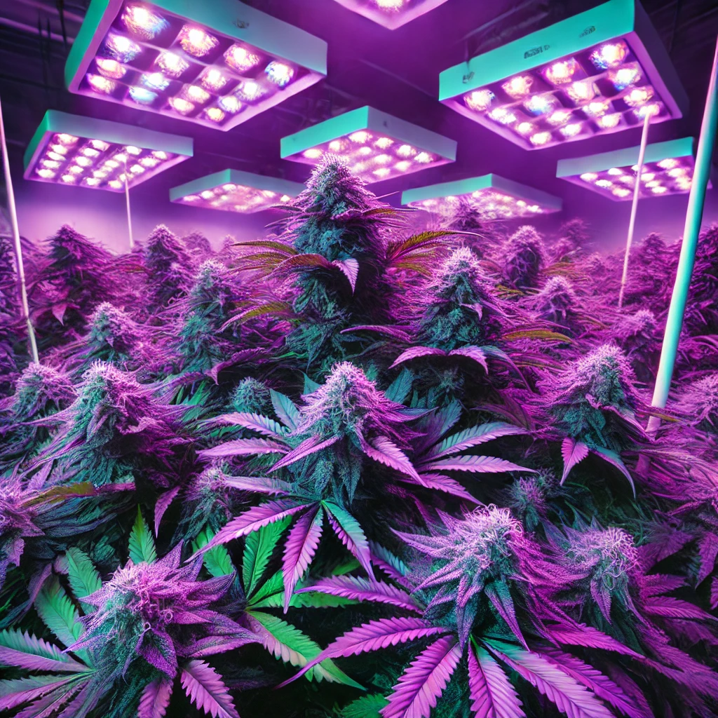 A close-up of vibrant purple cannabis buds covered in frosty trichomes, displayed on a wooden tray with soft lighting to highlight their deep violet hues.