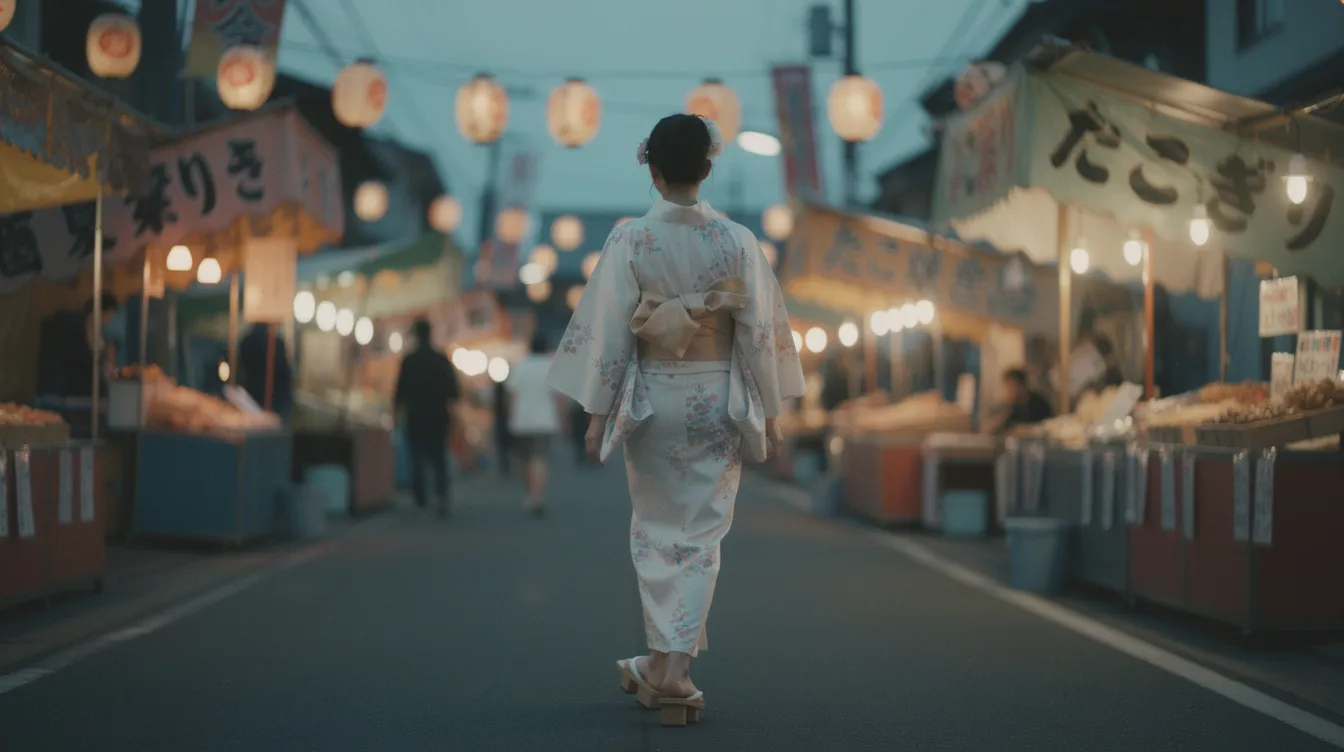 A woman dressed in a light summer yukata strolls through a serene Japanese festival street at dusk, surrounded by traditional Japanese clothing and the soft glow of lanterns. Her casual summer wear, complemented by an obi belt and tabi socks, reflects the beauty of traditional Japanese fashion during summer festivals.